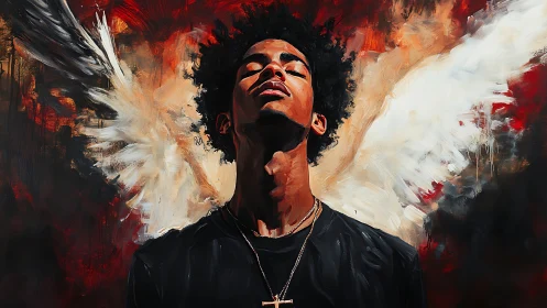 Winged portrait with upward gaze in expressive brushwork.