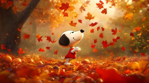 Cartoon dog delightfully strolling through glowing autumn leaves.