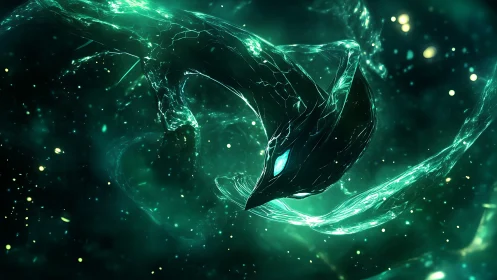 Serpentine cosmic wraith coiled in luminous nebulae glow.