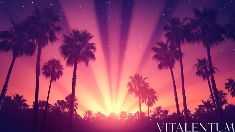 Radiant sunset rayfield through silhouetted palm canopy.