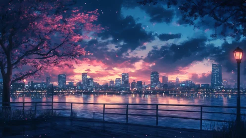 City skyline reflects across river under vivid dusk sky