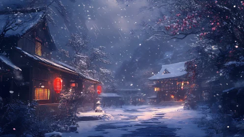 Snow-covered Japanese street with lantern-lit timber houses at dusk