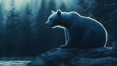 Solitary bear rests by a moonlit forest lake in silence