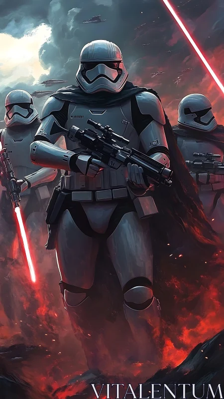 Armored storm soldiers stride through lava lit twilight war