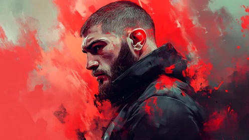 Brooding portrait in swirling red and shadowed calm.