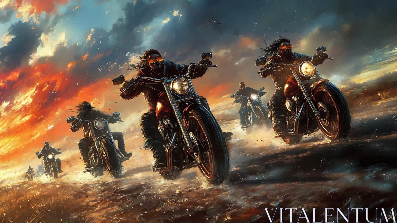 Digital painting of bikers racing through stormy wasteland.