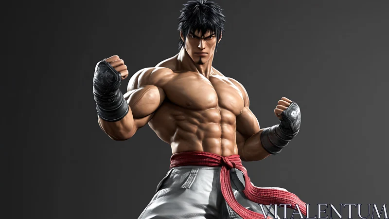 Muscular martial artist in fighting stance on gray background.