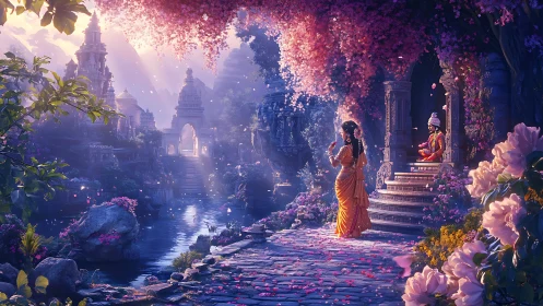 Divine riverside temple garden under dusky blossom light.