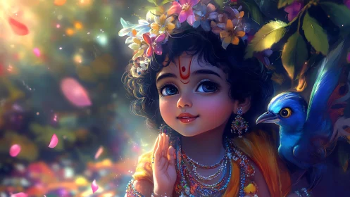 Divine child portrait with floral crown and blue bird companion.
