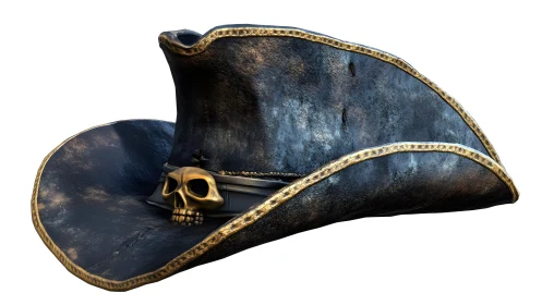 Weathered pirate hat with gold trim and skull detail, realistic style.