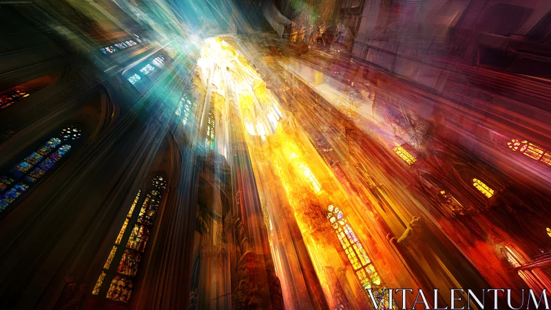 Lightstream through stained glass in a soaring cathedral.