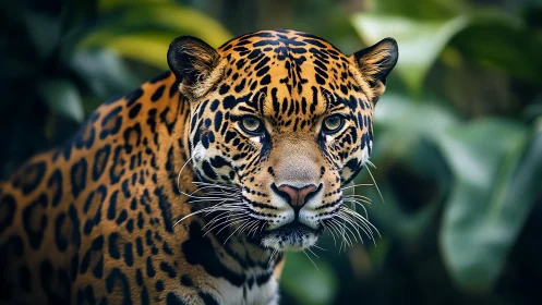 Jungle monarch jaguar staring down the quiet green world.