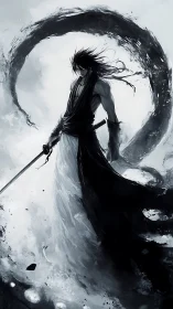 Monochrome warrior holds sword amid circular ink vortex