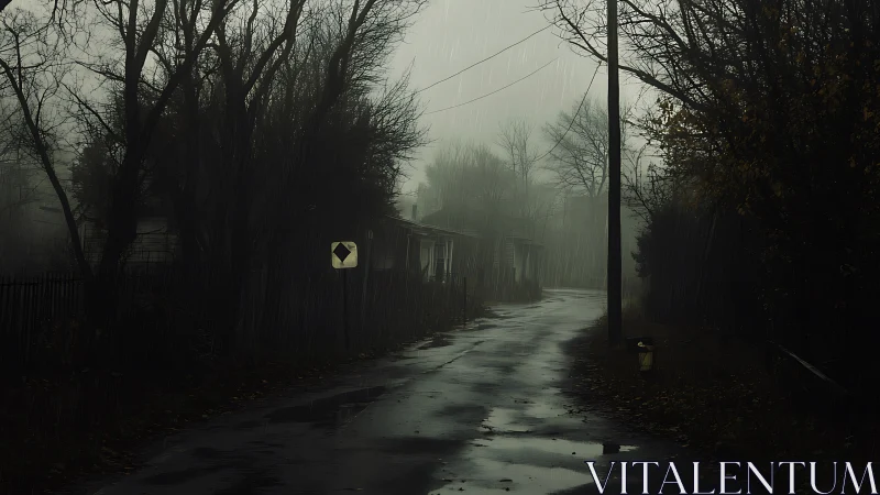Rainsoaked Hollow Road curling through a fog drowned village.