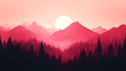 Monochromatic red mountain forest rendered in layered atmospheric haze