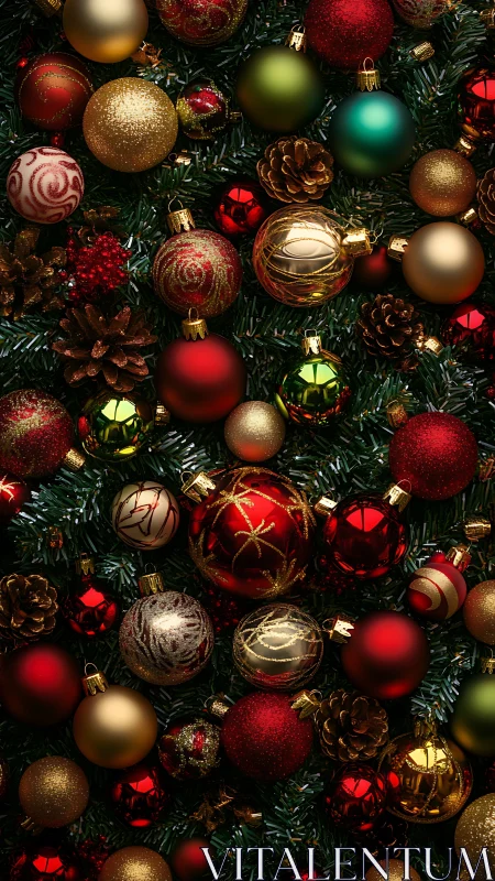 Lustrous red and gold Christmas baubles in dense fir foliage.