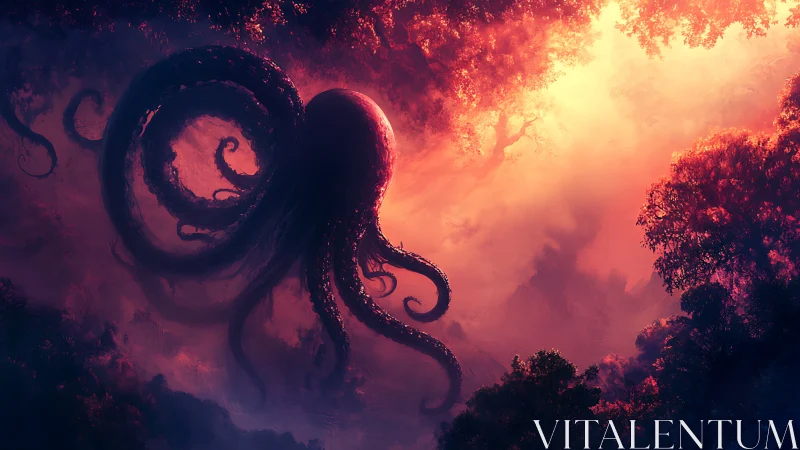 Gentle forest leviathan drifting through a rosy twilight sky.