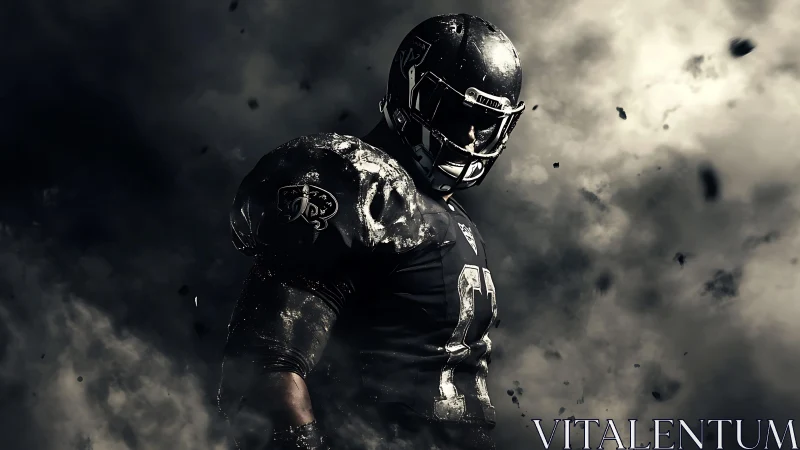 Shadow-clad gridiron titan strides through storming dust