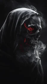 Hooded skeletal reaper with glowing red eye in smoke.