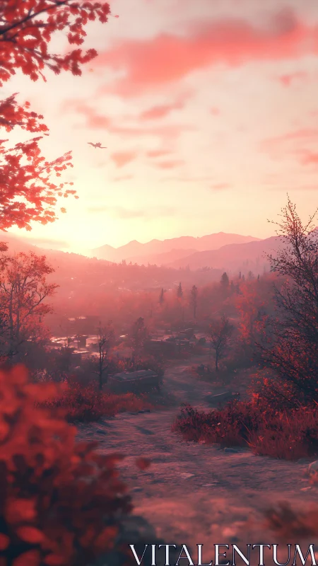 Soft sunrise glows over a quiet valley path in warm hues