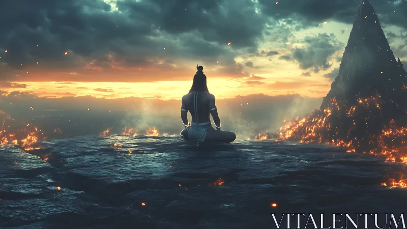 Digital painting of meditative figure before volcanic monolith.