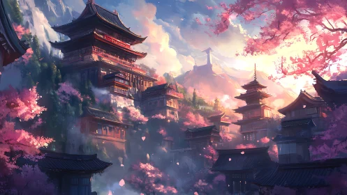 Blossom-draped mountain temples basking in dreamlit dawn.