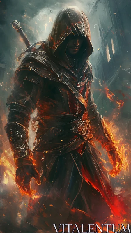 Hooded armored figure with sword amid fire and smoke.
