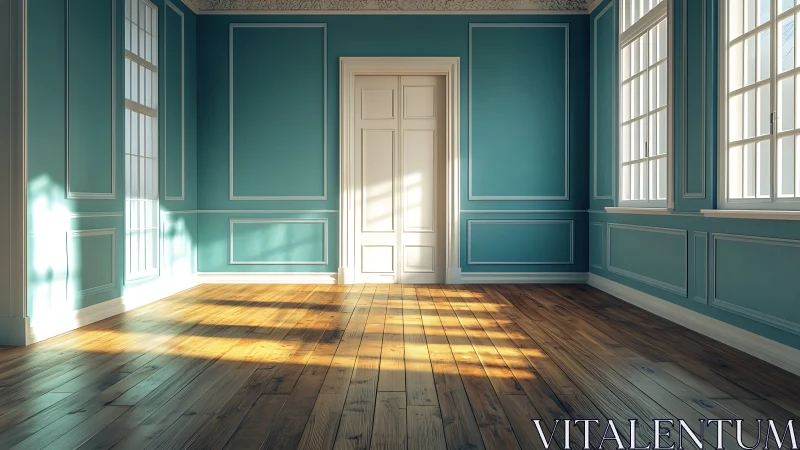 Sunlit teal salon where quiet walls wait for stories.