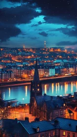 Riverside steeple glows beneath an electric midnight sky.