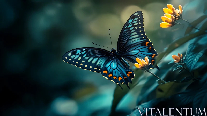 Moonlit sapphire butterfly pausing on sunrise petals.