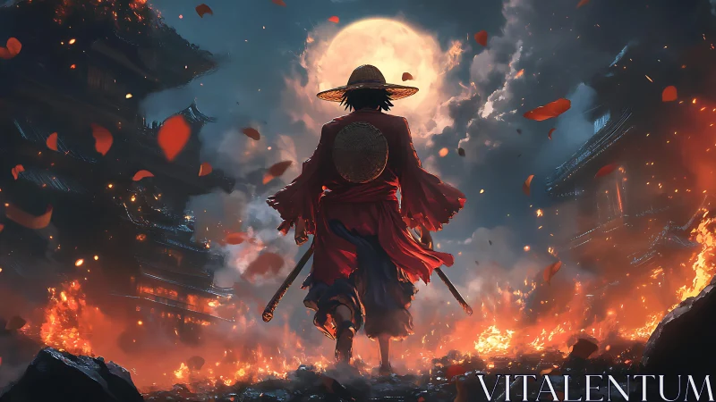 Moonlit wanderer in red strides through a sea of sparks.