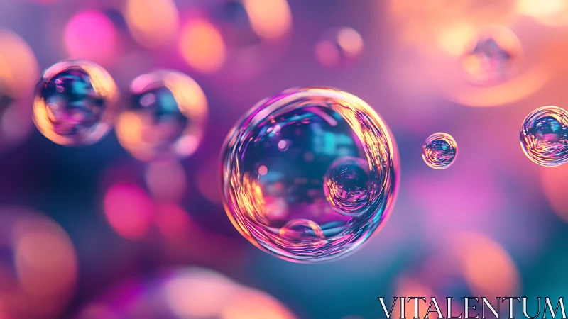 Shimmering rainbow bubbles drifting through soft dreamy light.