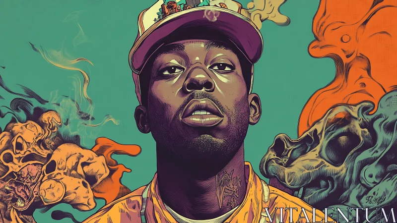 Bold portrait of a calm man surrounded by colorful smoke art