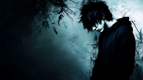 Brooding emo boy stands alone in a dark, misty forest