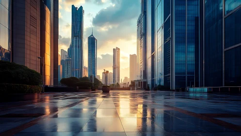 Photorealistic sunrise corridor through reflective glass towers.