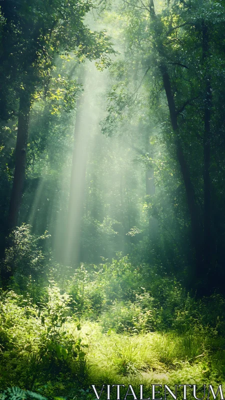 Sunlight Filters Through Dense Forest Canopy.