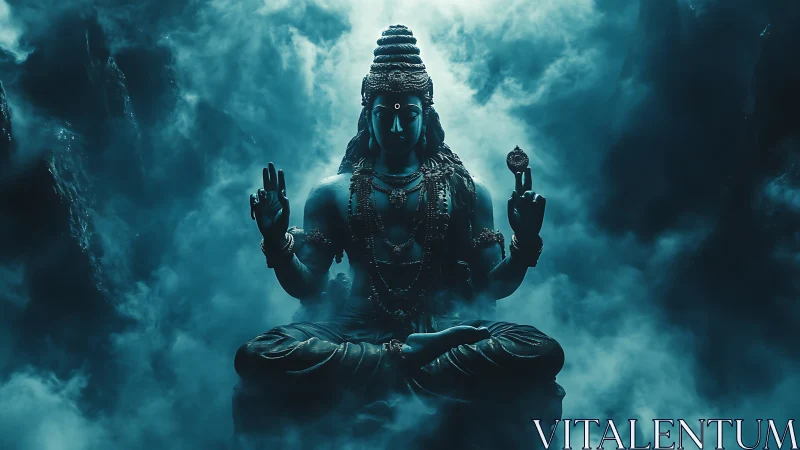 Mystic deity drifts in teal stormlight and digital incense