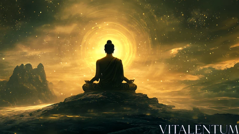 Starlit cosmos hushes as meditating Buddha shapes golden dawn