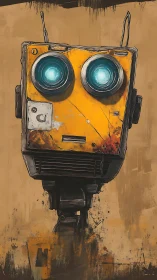 Rust-splashed yellow robot gazes ahead with luminous wonder.