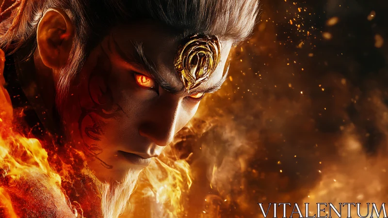 Fiery demon warrior close-up with glowing ember eyes and sigil