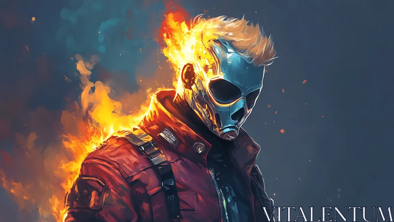 Flaming cyborg antihero in red tactical jacket emerges from fire