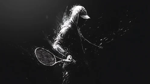 Hooded tennis player swings racket in stark monochrome motion