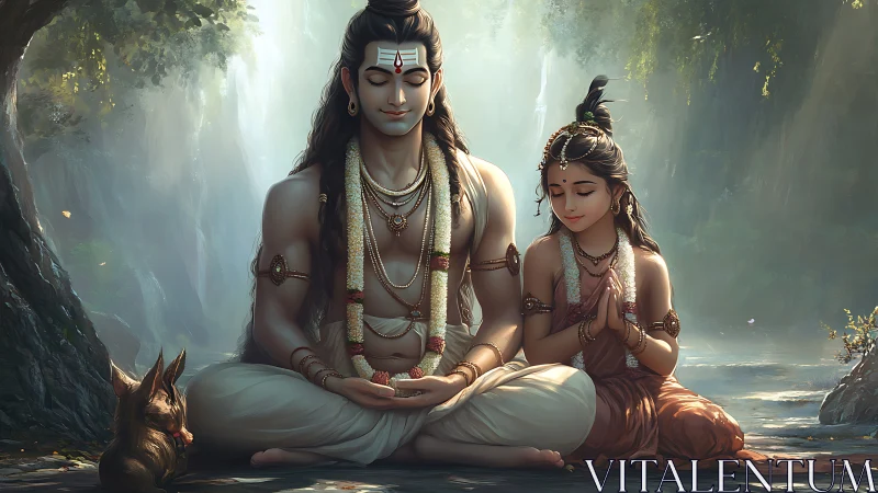 Serene guru and disciple in meditative forest light scattering