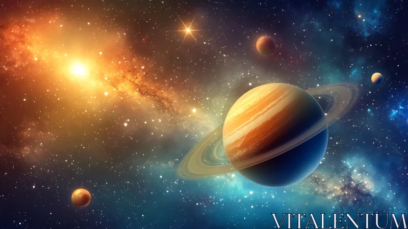 Ringed gas giant with nearby planets in colorful nebula.