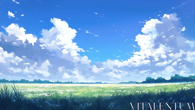 Sunlit meadow stretches beneath towering summer clouds.