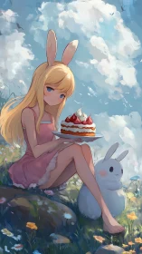 Bunny-eared girl shares a sweet spring picnic surprise.