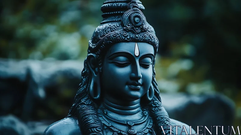 Monochrome blue stone statue of serene seated figure.