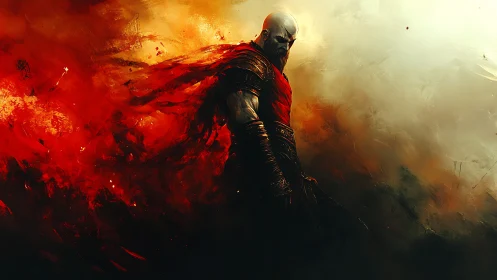 Warrior in red cloak emerges from turbulent fiery abstraction
