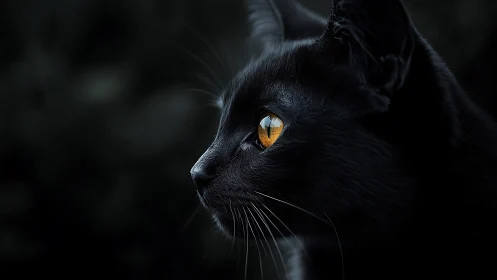 Black Cat Profile with Amber Eyes Against Dark Background