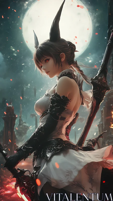 Horned battle maiden in ornate armor under colossal moon